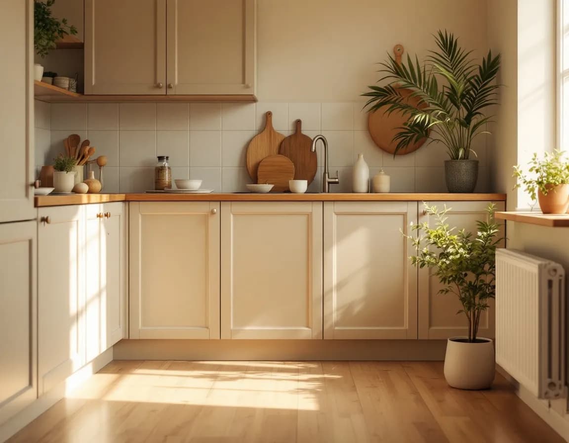 A kitchen corner with a wooden counter edge and bare floorboards
