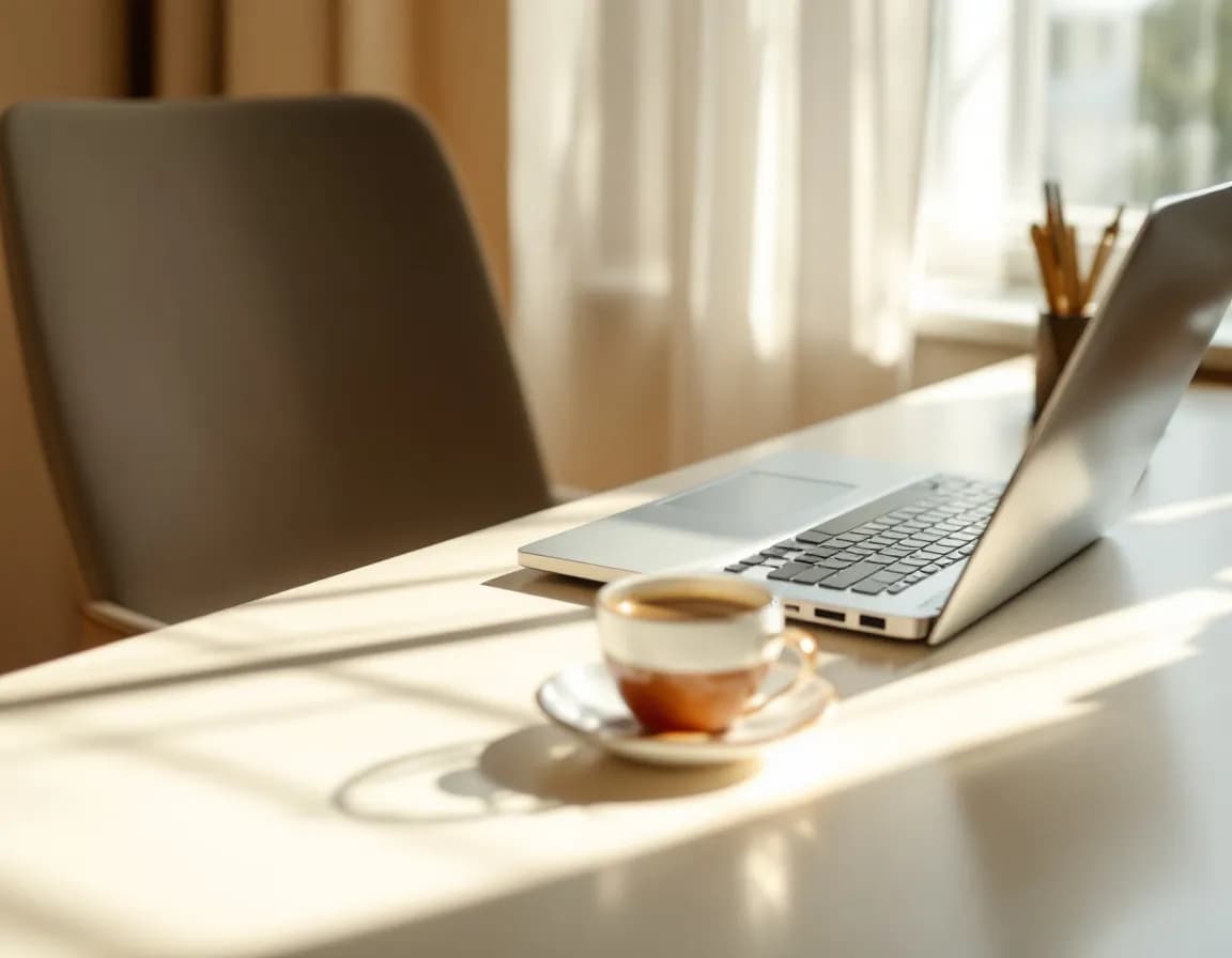 An office chair pushed back from a desk with an open laptop and a cup of tea