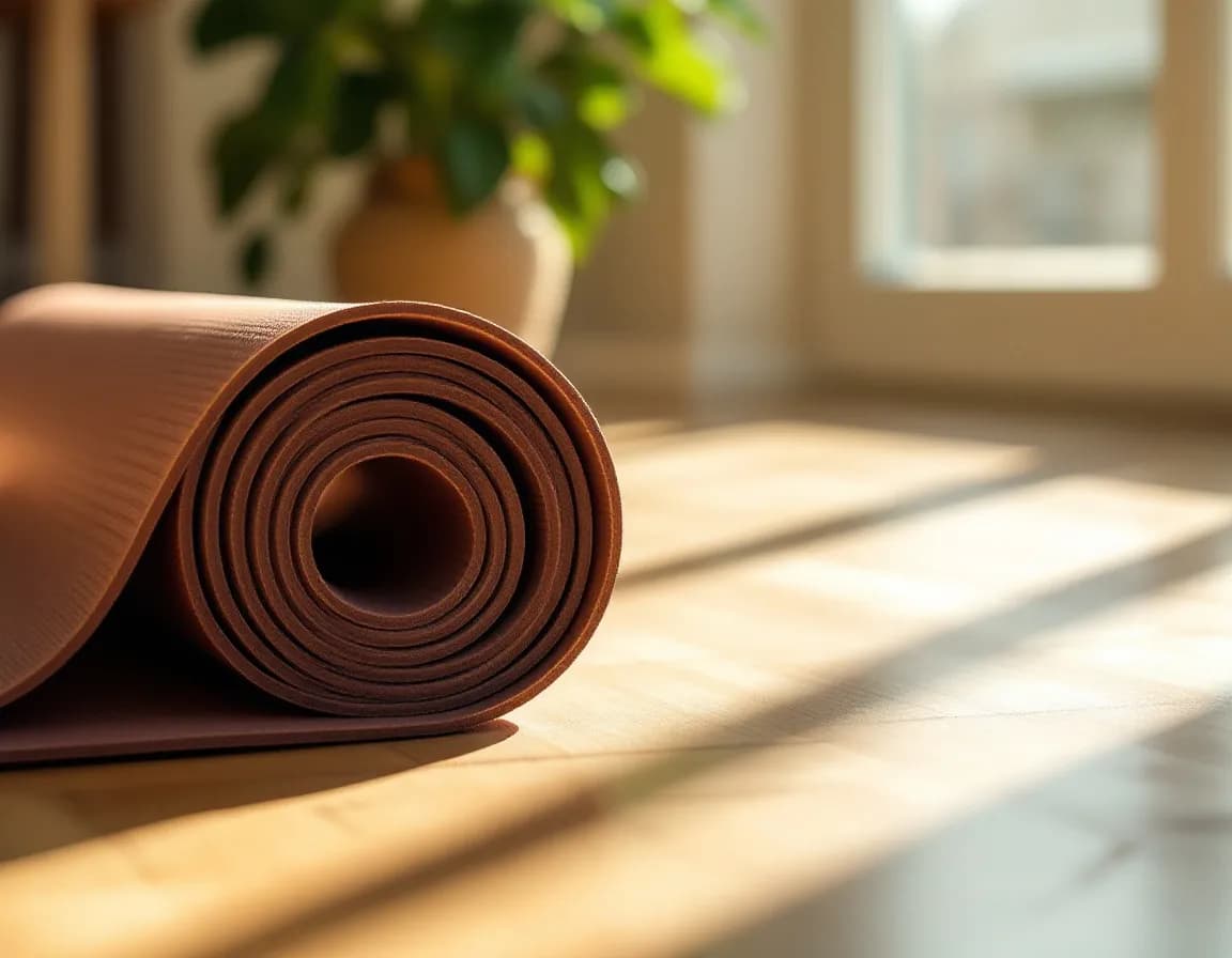 A rolled yoga mat lying on sunlit floorboards beside a potted plant