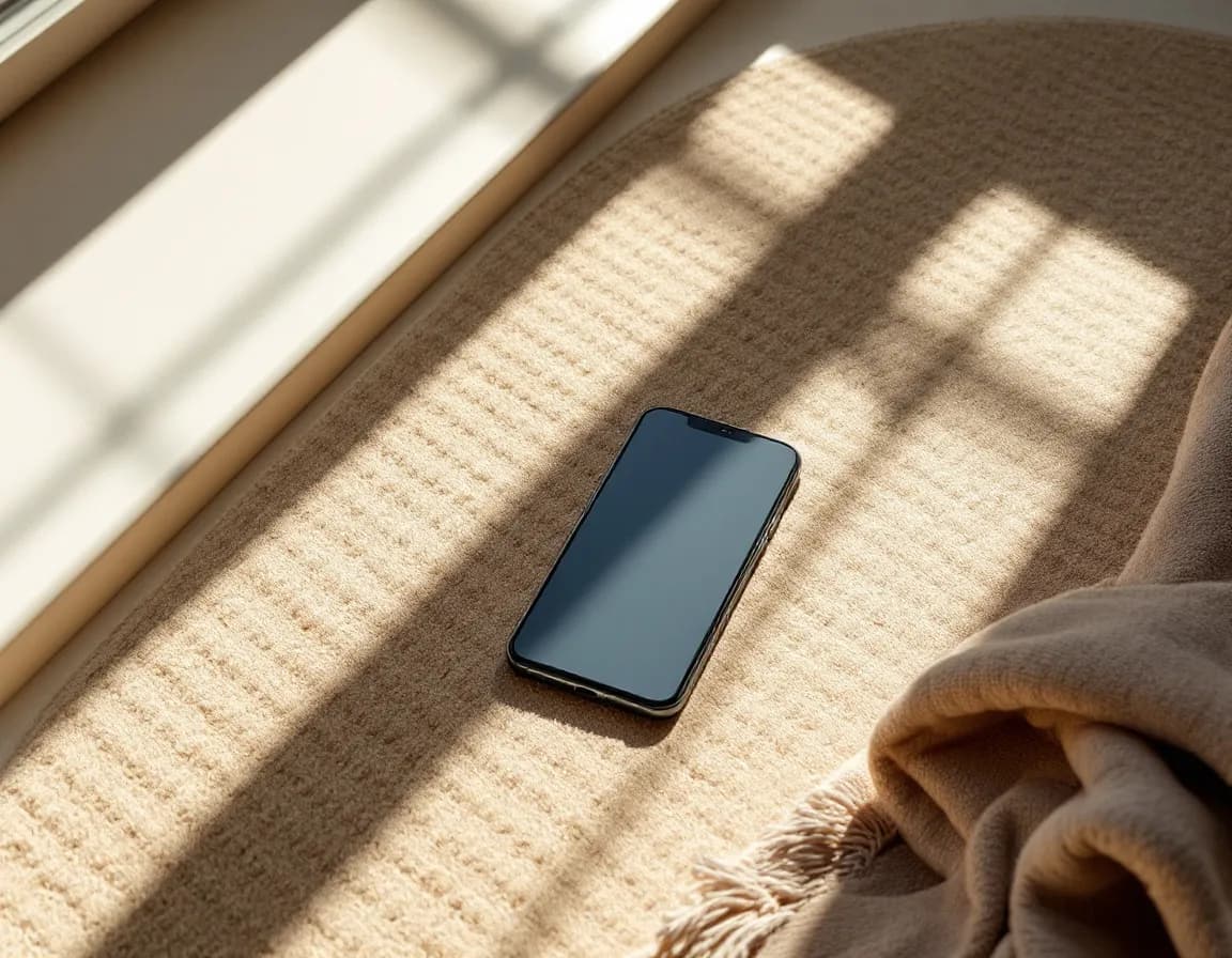 A phone face down on a rug beside a folded blanket