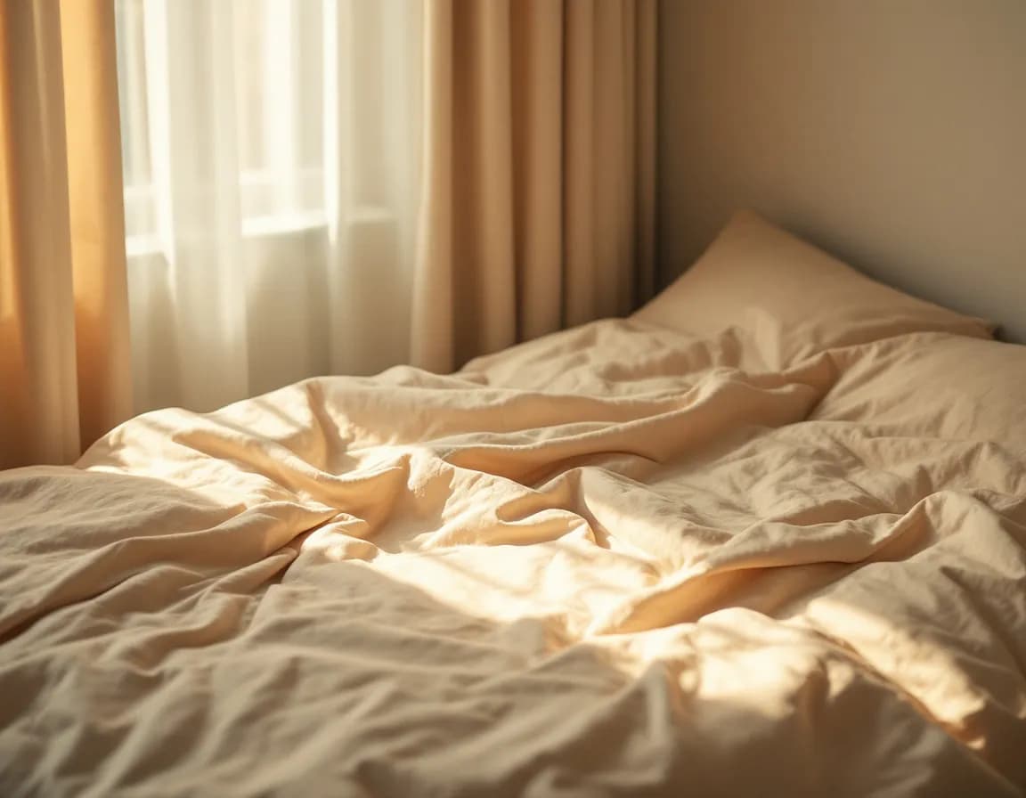 An unmade bed in early morning light with sun across the duvet