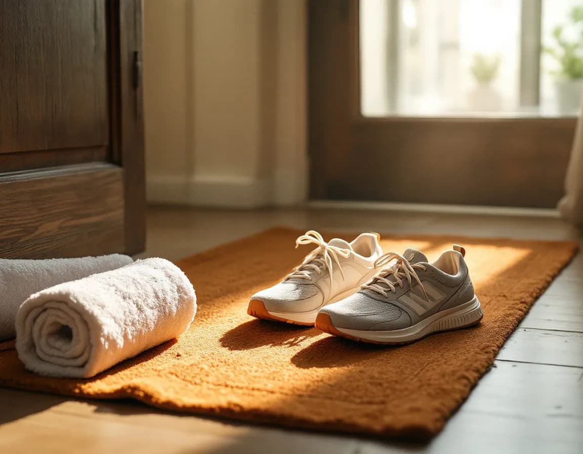 Worn running shoes on a doormat inside a front door in morning light