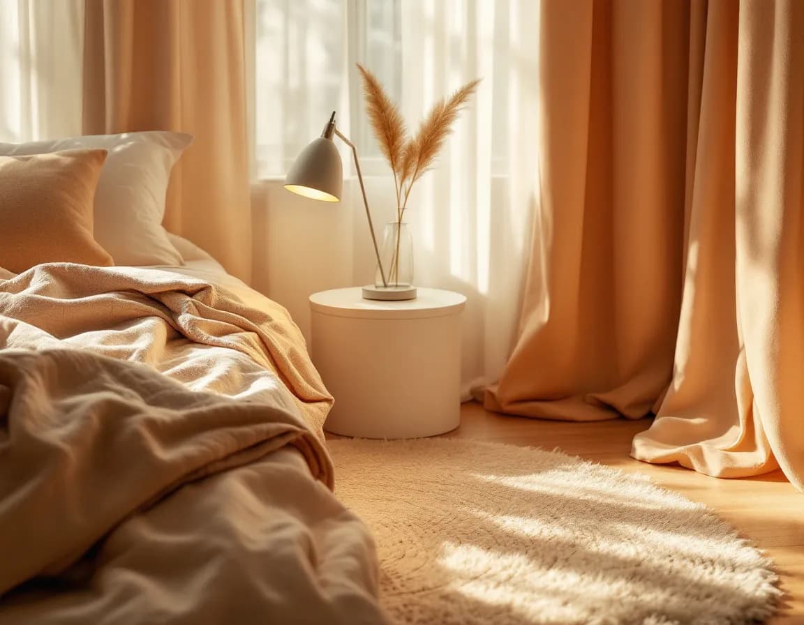 A lit bedside lamp and a folded throw on the rug beside a bed