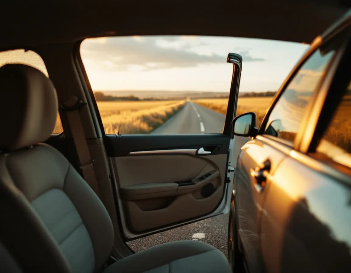 An open car door and empty driver's seat at golden hour