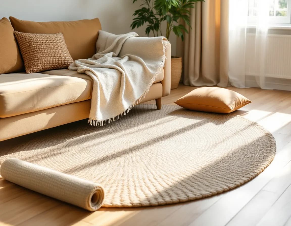 A woven rug unrolled in front of a sofa with a cushion at its edge
