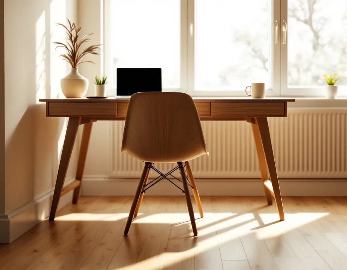 An empty desk chair turned away from a desk by a window