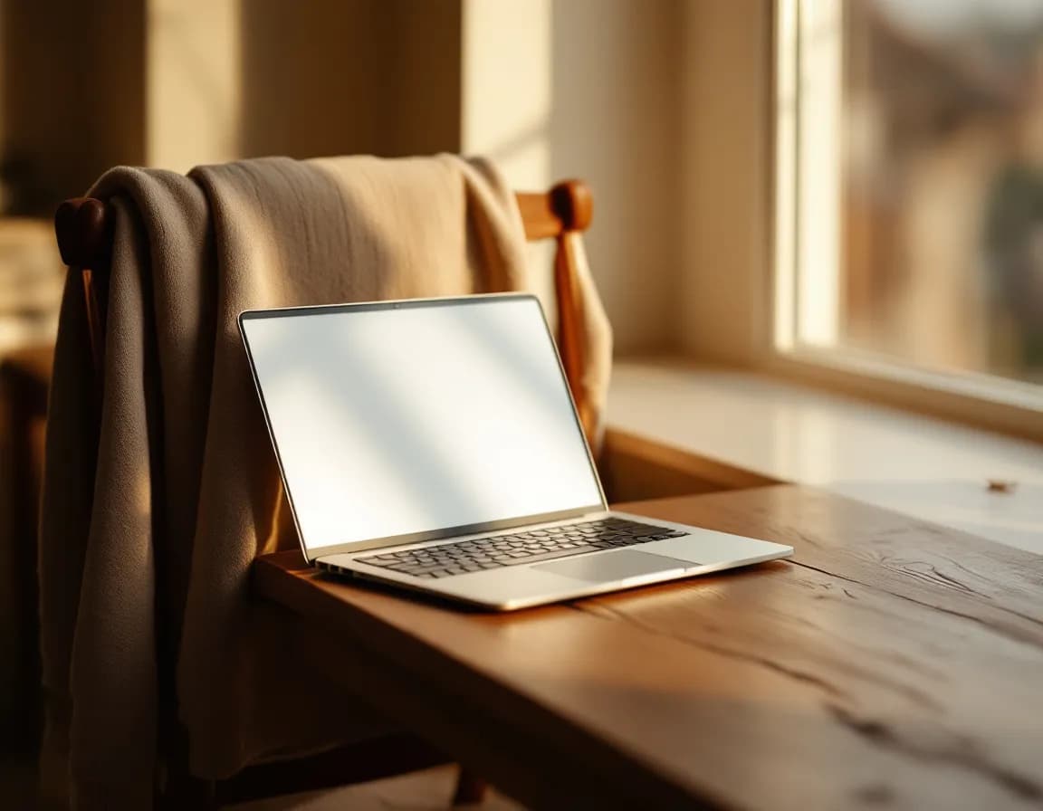 A closed laptop set aside on a table beside a window in late light