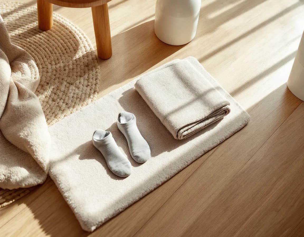 Socks and a folded towel at the edge of a rug, in a stripe of window light